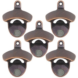 Luwanburg Old Fashioned Wall Mounted Magnetic Bottle Opener, Wooden Cooler Mounted Soda Beer Bottle Cap Opener with Magnets Built-in Antique Copper for Caddy (5 PCS)