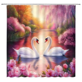 Swan Shower Curtain Pink Flower Dream Spring Lake Nature Scenery Romantic Floral Plant Animal Couple Valentine's Day Bathroom Decor Curtains with Hooks