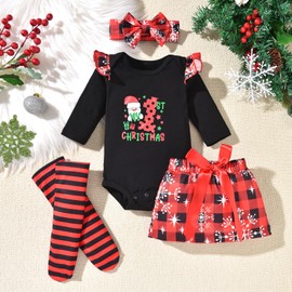 fioukiay Baby Girl My First Christmas Outfit Long Sleeve Romper Mini Skirt With Leg Warmers 4PCS Xmas Clothes Set(Black, Preemie)