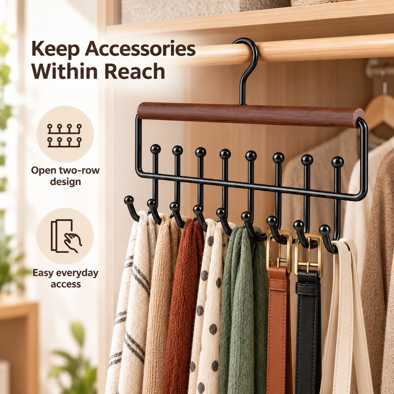 16-Hook Strap Clothes Hanger - Brown Two-Row Organizer for Bras,