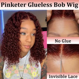 99J Burgundy Wear and Go Deep Wave Bob Wig 4x4 Lace Closure Glueless Wigs Human Hair Pre Plucked Pre Cut 180% Density Short Curly Human Hair Bob Wig for Black Women (Burgundy Wig, 8in)