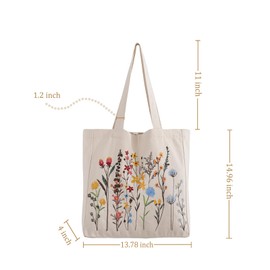 Perseverance Trade Aesthetic Embroidery Canvas Tote Bag for Women Wildflower Shoulder Bag with Magnetic Buckle and Zipper Inner Pocket Reusable Cotton Bag for Shopping Grocery Beach Work Book Gift