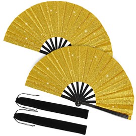 Tkocisa 2 Pack Large Folding Hand Fans with Fan Bags, Large Clack Rave Fan Glitter Festival Hand Fan for Party, Music Festival, Club, Beach, Gift, Home Decorations(Gold)