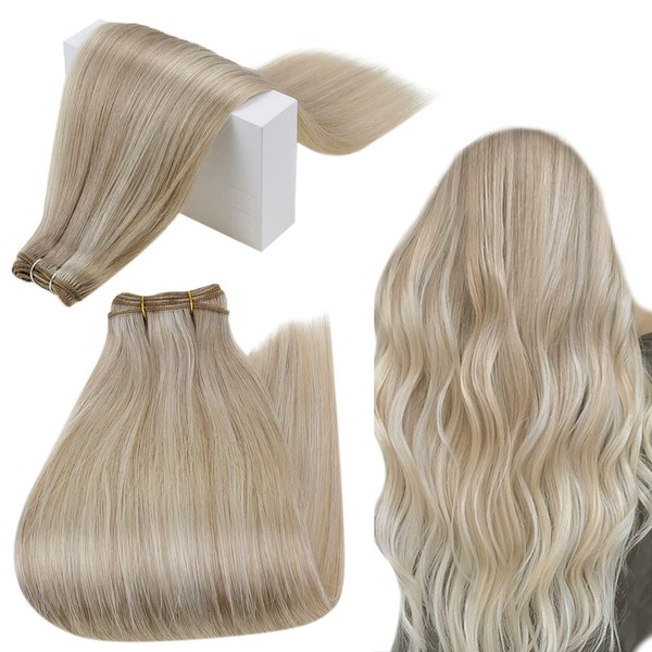 RUNATURE Sew in Weft Hair Extensions Blonde Human Hair Double Weft Ash Blonde Highlight Platinum Blonde Hair Weft Extensions 16 Inch 100g Brazilian Human Hair Weft Blonde Extensions