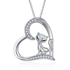 Fox Necklace,Heart Shape Fox Pendant Necklace with Opal,Sterling Silver Necklaces for Women Girlfriends on Birthday Valentine Mothers day