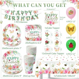 Floral Birthday Party Decorations for Women, Butterfly Birthday Party Supplies Includes Happy Birthday Plates and Napkins,Happy Birthday Banner,Disposable Cups,Serve 20