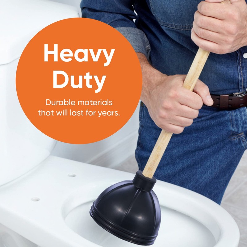 Superio Heavy Duty Plunger with 21 Inch Wooden Handle, Black