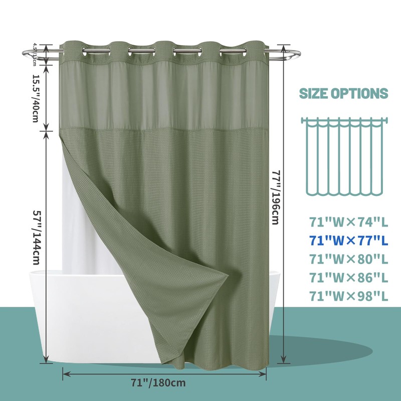 eachope SageGreen No Hook Waffle Weave Shower Curtain with snap-in