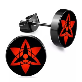 CHICNET Stainless Steel Stud Earrings Black 8 mm Red Sharingan Eye Anime Manga Ear Jewellery Surgical Steel Unisex Men Women Men, Stainless Steel
