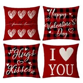 Neatee Living Happy Valentines Day Pillow Covers 12x12 Set of 4 Red Love Heart Throw Pillow Covers Wedding Anniversary Pillow Covers Pillow Cases Home Outdoor Sofa Couch Cushion Covers (12 by 12)