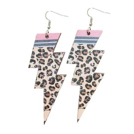 Zhang shine Lightning Bolt Dangle Drop Earrings 70s Funny Teacher Earrings for Women Wood Lightning Shape Leopard Earrings Back To School Jewelry for Teacher
