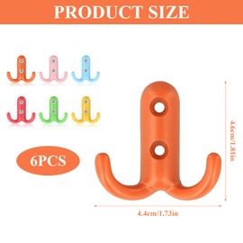 Litinliv 6Pcs Colorful Wall Hooks,Coat Hooks Heavy Duty Double Prong,Wall Mounted Double Prong Hooks,Rainbow Wall Mounted Hooks,Kids Bedroom Coat Hook,for Hanging Backpack Bag Towels Keys
