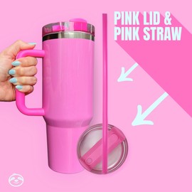 40 oz Tumbler with Handle and Straw | Insulated Cup Reusable Water Bottle Stainless Steel | Cupholder Friendly Travel Mug | Double Insulated Pink Water Bottle Tumbler | 40 oz Pink Tumbler