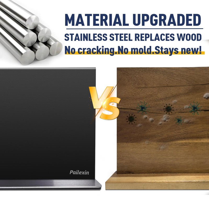 Pailexin Magnetic Knife Block Without Knives—Black Stainless Steel Double-Sided Magnetic