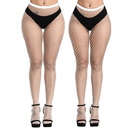 E-Laurels Womens High Waist Patterned Fishnet Tights Suspenders Pantyhose Thigh High Stockings (White Fishnet Tights M+L_hole)