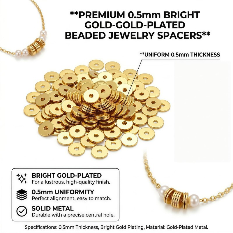 100PCS Round Wheel Spacer Beads, Gold Flat Disc Metal Beads,