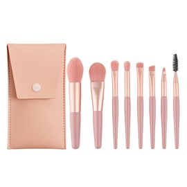 Makeup Brush Set, 8-Piece Make-Up Brush Set, Foundation Brush, Make-Up Brush Set, Eyeshadow Brush Set, Concealer Brush, Eyeliner Brush, Eyebrow Brush, Cosmetic Brush (Pink + Leather Bag)