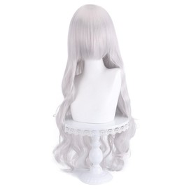 Cosplay Silver White Wig, Long Curly Waves, Heat Resistant Wig, Versatile Type, Angled Bangs, Fluffy, Costume, Event Wig Net Included