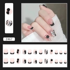 24Pcs Press on Nails with Black Flower Butterfly Gems Designs, Coffin Full Cover Reusable Short False Nails with Glue, Glue on Nails Square with Charm, Artificial Finger Acrylic Fake Nails for Women