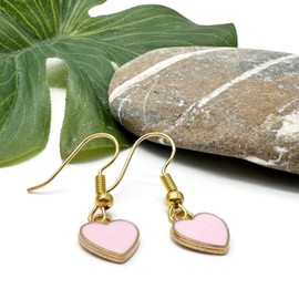 Pink Heart Charm Earrings, Pale Pink Enamel Charm Beads on Nickel Free Gold Tone Hooks : 29mm long, Valentine's Day Gift for Women, Heart Shaped Drop Earrings