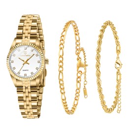 Timever Gold Womens Watch Set, 18K Gold Plated Bangle Bracelets Ring for Women, Dainty Ladies Wrist Waterproof Analog Watch with Luminous, Valentine Anniversary Birthday Gifts for Women