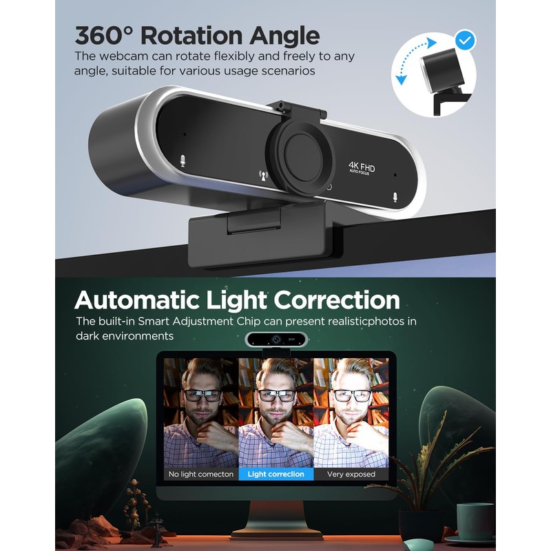 NIVEOLI Webcam 4K with Microphone and Webcam Cover Plug and