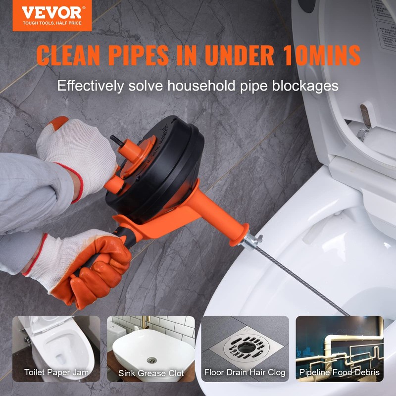 VEVOR Drain Auger 25Ft, Plumbing Snake with Drill Attachment, Plumbers