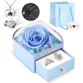 WOKEISE Preserved Real Rose with I Love You Necklace and Crown Ring 100 Languages, Gifts for Women, Girlfriend, Wife, Mom, Grandma, Birthday, Anniversary, Valentine's Day, Mother's Day - Blue