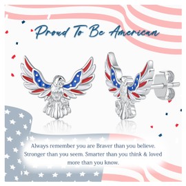 July 4th Independence Day Earrings for Women - 925 Sterling Silver American Flag Bald Eagle Stud Earrings for Men