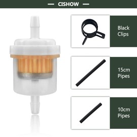 1/4Inch Motorcycle Fuel Filter Inline Kit, 6pcs 6mm Fuel Filter, 12pcs 8mm Black Hose Clamps, 6pcs 10/15cm Fuel Hose Clamps for Car Moped Motorcycle Lawn Bike Scooter