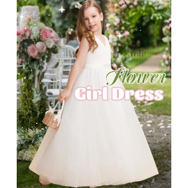 GELOMARI Flower Girl Dresses V-Neck Ball Gown Satin Tulle First Communion Girls Dress for Birthday Wedding Party with Bow-Knot(12-13Y White)