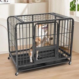 30 inch Dog Crate, Metal Dog Crate Heavy Duty, Wire Dog Cage for Small Dogs Indoor, Double Door Training Dog Crate, Removable Cleaning Tray, 2 Lockable Wheels