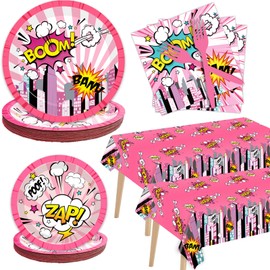 gisgfim Super Girl Theme Party Tableware Kit for 24 Guests Pink Hero Theme Birthday Party Decorations Kids Superwoman Party Table Supplies Includes Plates, Napkins, Tablecloths
