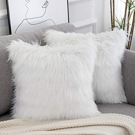WLNUI Set of 2 Decorative White Fluffy Pillow Covers New Luxury Series Merino Style Faux Fur Throw Pillow Covers Square Fuzzy Cushion Case 18x18 Inch