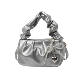 DUXING Tote Shoulder Bag with Ribbon Key Ring, Women's, Drawstring Bag, For Commuting to Work or School, 3 Way, Stylish, Shoulder Bag, Korean Fashion, Adult, Cute, Silver