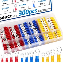 smseace 300pcs 12-Sizes(M4/M5/M6/M8) Insulated Ring Terminals 22-16/16-14/12-10AWG Electrical Crimp Terminal Connector Assortment Kit