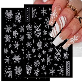 Christmas Nail Art Stickers, White Snowflake Nail Decals 3D Self-Adhesive Christmas Nail Art Supplies Snowflake Elk Heart Winter Design Acrylic Nail Stickers for Women DIY Nail Art Decorations 6Pcs