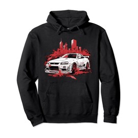White & Red GT R 34 Skyline JDM Car Lover Pullover Hoodie, black