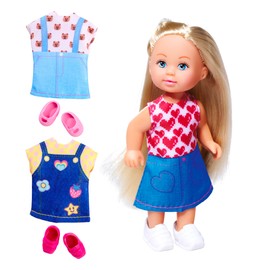 SIMBA Evi Love Fashion, Toy Doll Wearing a Cute Denim Dress, Includes Two Other Outfits, with Cute Prints and Trainers, 12 cm, from 3 Years