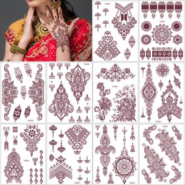 Brown Temporary Tattoo Stickers, 10 Sheets Waterproof Tattoo Stickers for Women Wedding Party Festival Lotus Mandala Flower Temporary Tattoos