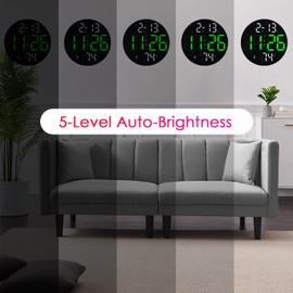 Digital Wall Clock with Large LED Display, 5-Brightness, Temperature, Low-Reflectivity, Small Silent Non-Ticking Modern Electric Wall Clock for Bedroom, Living Room, Office, Classroom, Farmhouse