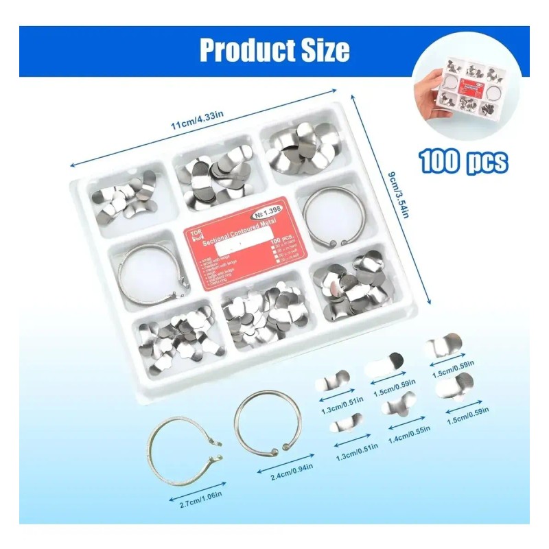 100 Piezas Banda Matriz Dental Contorneadas 2 Anillos Kit