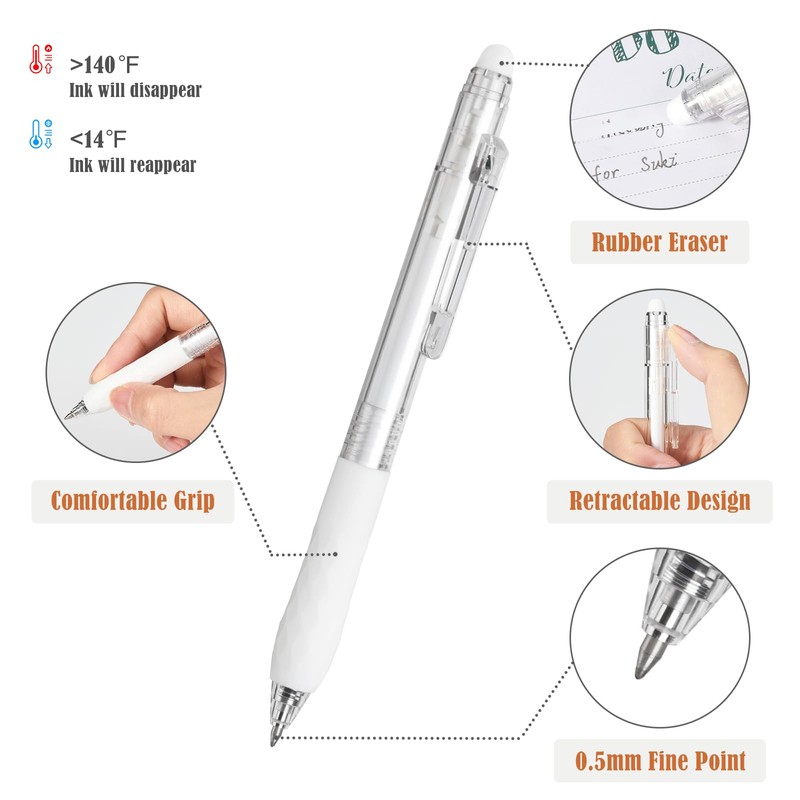 BAYTORY 8Pcs Fine Point Erasable Gel Pens, 0.5mm Retractable Black