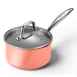 Fracoda Nonstick Ceramic Saucepan 2.5 Qt,Sauce Pot with Strainer Lid,Two Side Spouts for Easy Pour with Ergonomic Handle,Non Toxic,PTFE &PFOA Free - Oven Safe Compatible with All Stovetops,Perracotta