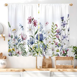 Famiffty Spring Flower Floral Kitchen Curtains Rod Pocket Wildflower Butterfly Summer Small Short Cafe Tier Window Drapes Decor Light Blue Pink Floral Plant Bathroom Curtain(27.5W X 39L Inch 2 Panel)