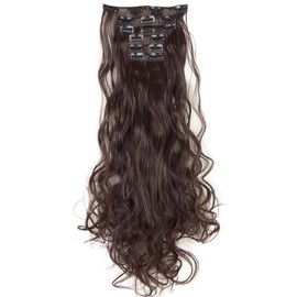 DODOING Clip in Hair Extensions Curly Wavy Straight Thick Clip on Synthetic Hair Extension Hairpieces, Dark Brown, Curly-24 Inch 130g