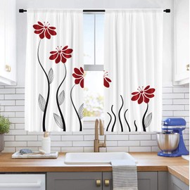 Riyidecor Red Flower Kitchen Curtains Floral Petals Rod Pocket Leaves Lines Geometrical Modern Woman Girl White Black Printed Living Room Bedroom Window Drapes Treatment Fabric 2 Panels 55 x 39 Inch