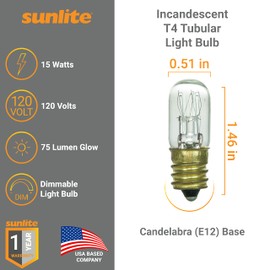 Sunlite 41717 Incandescent T4 Tubular Light Bulb, 15 Watts, 75 Lumens, Candelabra E12 Base, Dimmable, 2000 Hour Life Span, 2600K Warm White, 10 Count