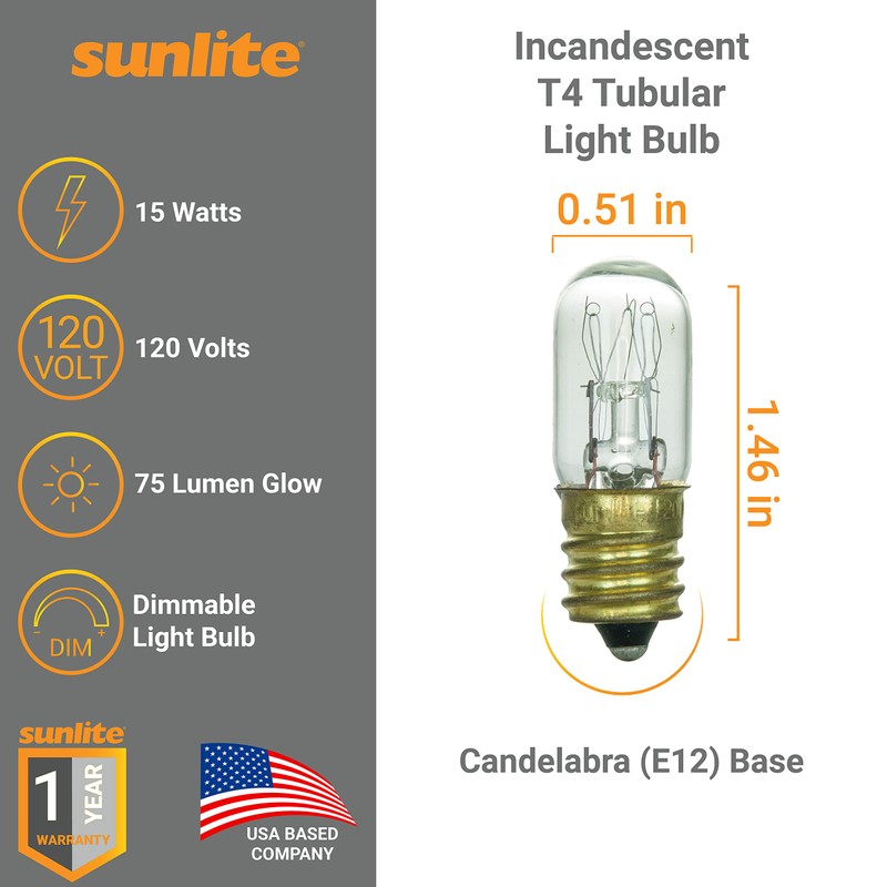 Sunlite 41717 Incandescent T4 Tubular Light Bulb, 15 Watts, 75
