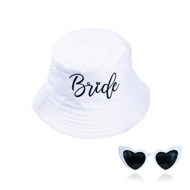 SANDOO Bride Bucket Hat with 1 Pair Sunglasses - Bride Hat for Bachelorette Party,Bride Sun Hat,White Embroidered Bucket Hat for Bride,Bach Party Decorations,Bride Shower Bride to Be Gift, White, One